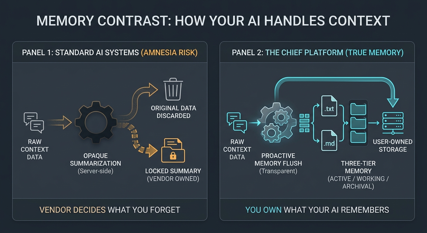 How standard AI compaction compares to The Chief's open memory architecture